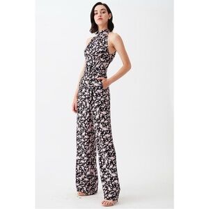 DVF Diane Von Furstenberg Nicola Black Pink Floral Belted Wide Leg Silk Jumpsuit